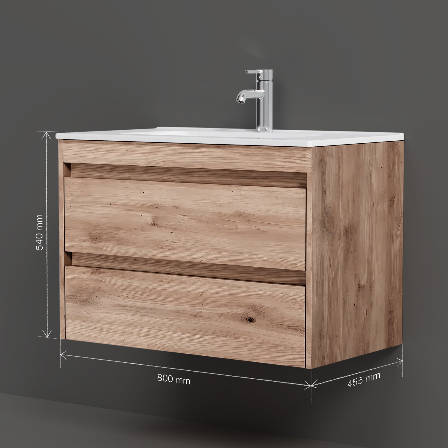 MPAX0802HF-C0802WG Waschtischunterschrank mit Becken, als Flachpaket geliefert, 80 cm, 2 Schubladen, Eiche