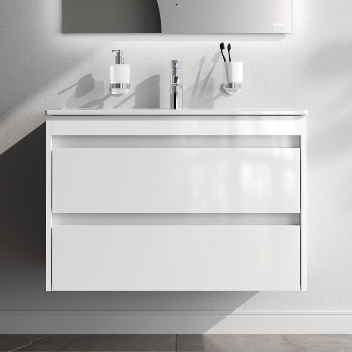 Meuble vasque avec lavabo, 80 cm, livré à plat, 2 tiroirs, blanc brillant–MPAX0802WG-C0802WG
