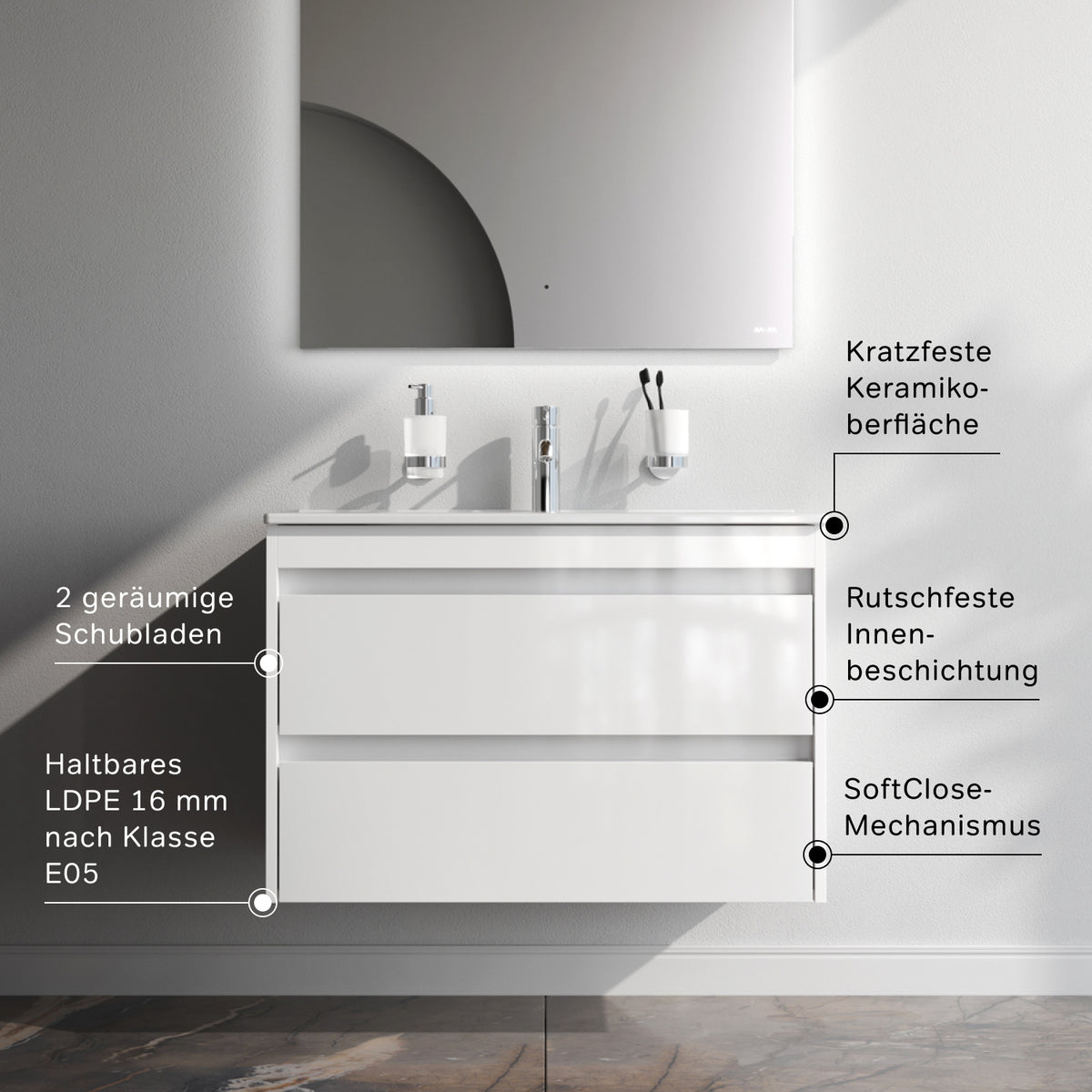 Meuble vasque avec lavabo, 80 cm, livré à plat, 2 tiroirs, blanc brillant–MPAX0802WG-C0802WG