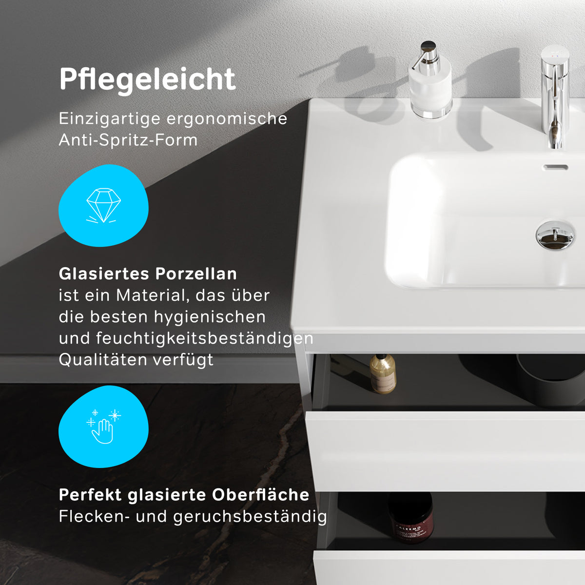 Meuble vasque avec lavabo, 80 cm, livré à plat, 2 tiroirs, blanc brillant–MPAX0802WG-C0802WG