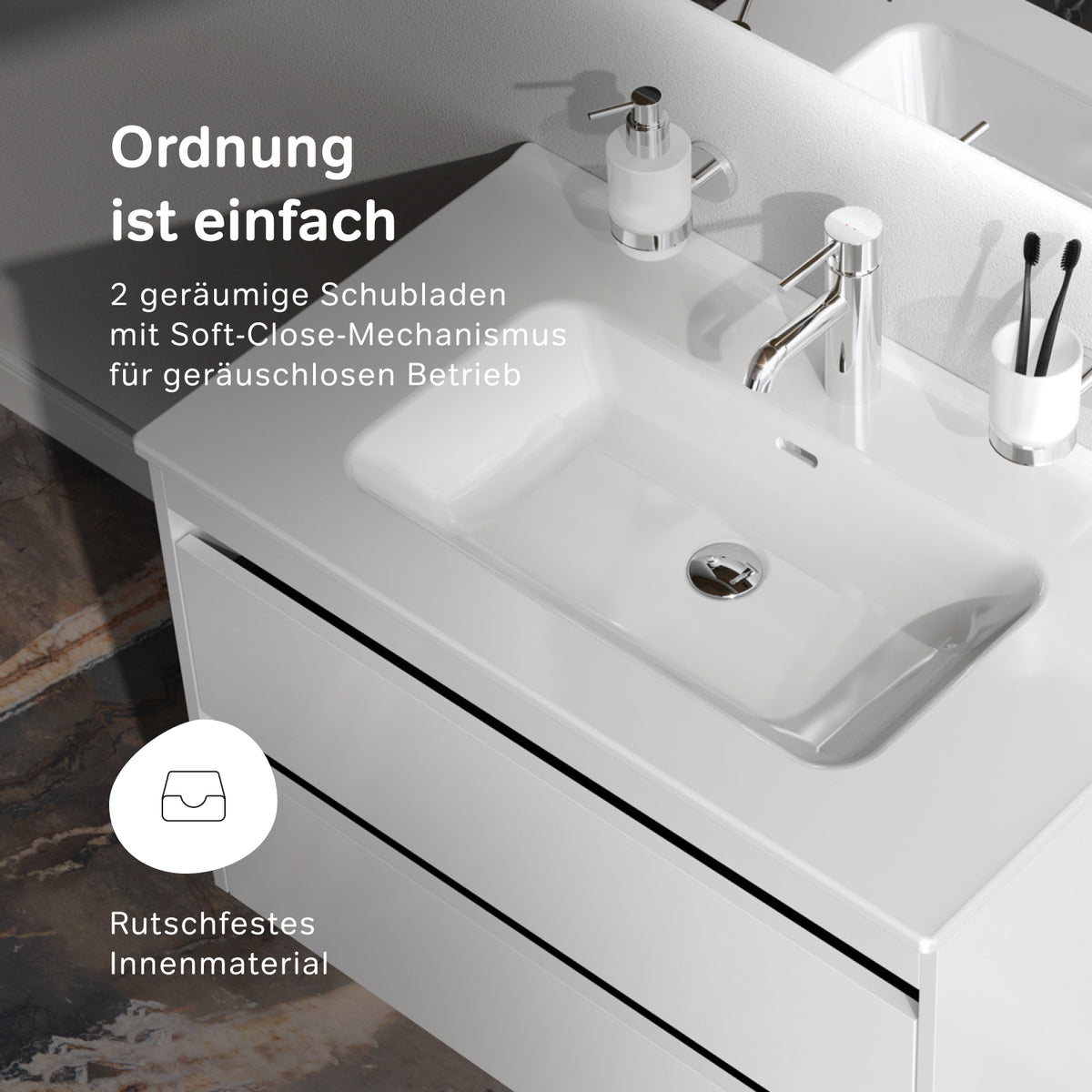Meuble vasque avec lavabo, 80 cm, livré à plat, 2 tiroirs, blanc brillant–MPAX0802WG-C0802WG
