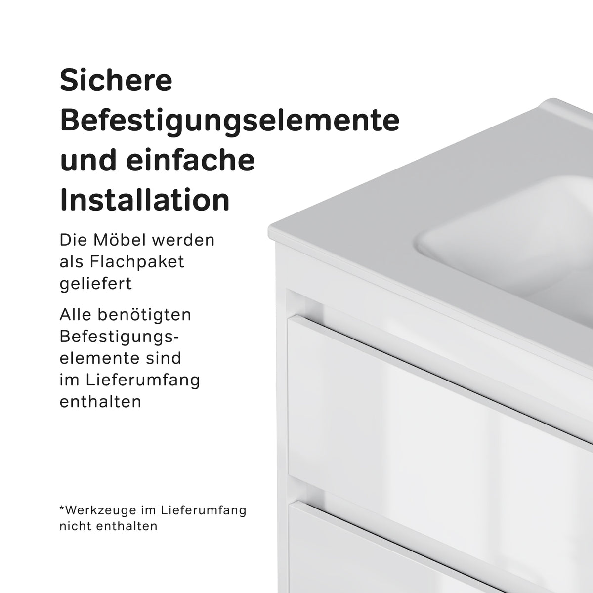 Meuble vasque avec lavabo, 80 cm, livré à plat, 2 tiroirs, blanc brillant–MPAX0802WG-C0802WG