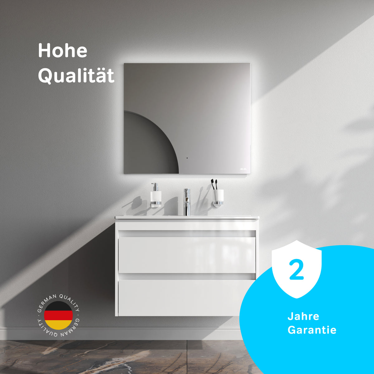 Meuble vasque avec lavabo, 80 cm, livré à plat, 2 tiroirs, blanc brillant–MPAX0802WG-C0802WG
