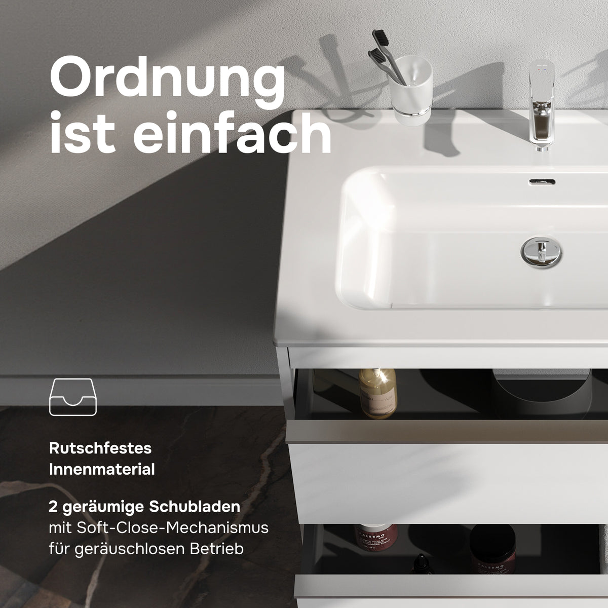 Waschtischunterschrank mit Waschbecken, 80 cm, als Flachpaket, 2 Schubladen – MTA-FHX0802WG-WCC0802