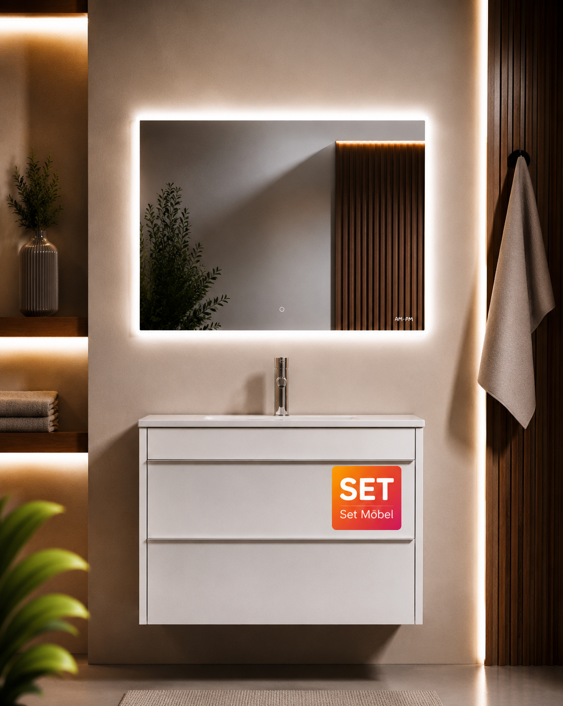 Ensemble de meubles de salle de bains avec lavabo et miroir de salle de bains LED, 80 cm, 2 tiroirs, blanc brillant–MTA0802WGCMO1