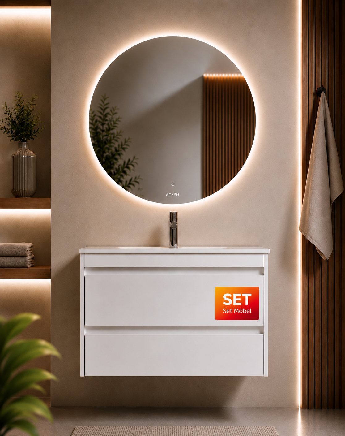 Ensemble de meubles de salle de bains avec lavabo et miroir rond à LED, 80 cm, 2 tiroirs, blanc brillant–MTA0802WGCMO4