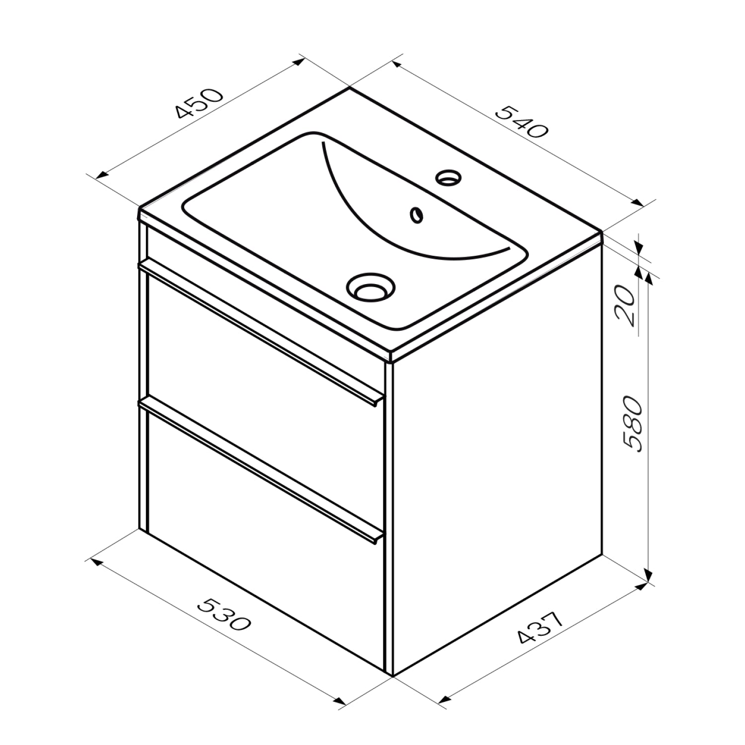 MTA-FHX0552WG-WCC0552 meuble sous-vasque avec vasque, 55 cm, 2 tiroirs Hit meuble de salle de bain vasque avec meuble bas