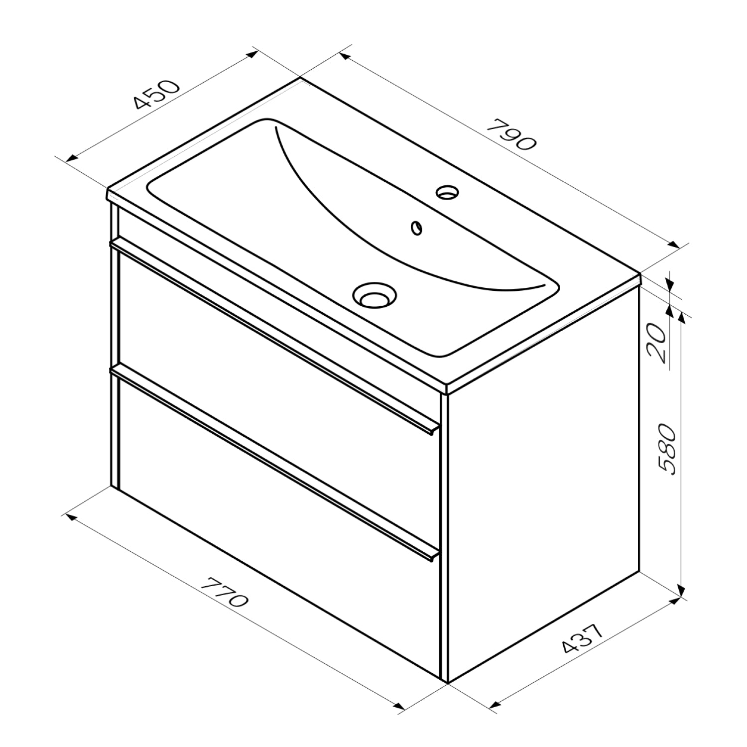 MTA-FHX0802WG-WCC0802 Waschtischunterschrank mit Becken, 80 cm, 2 Schubladen Hit Badmöbel Waschbecken mit Unterschrank