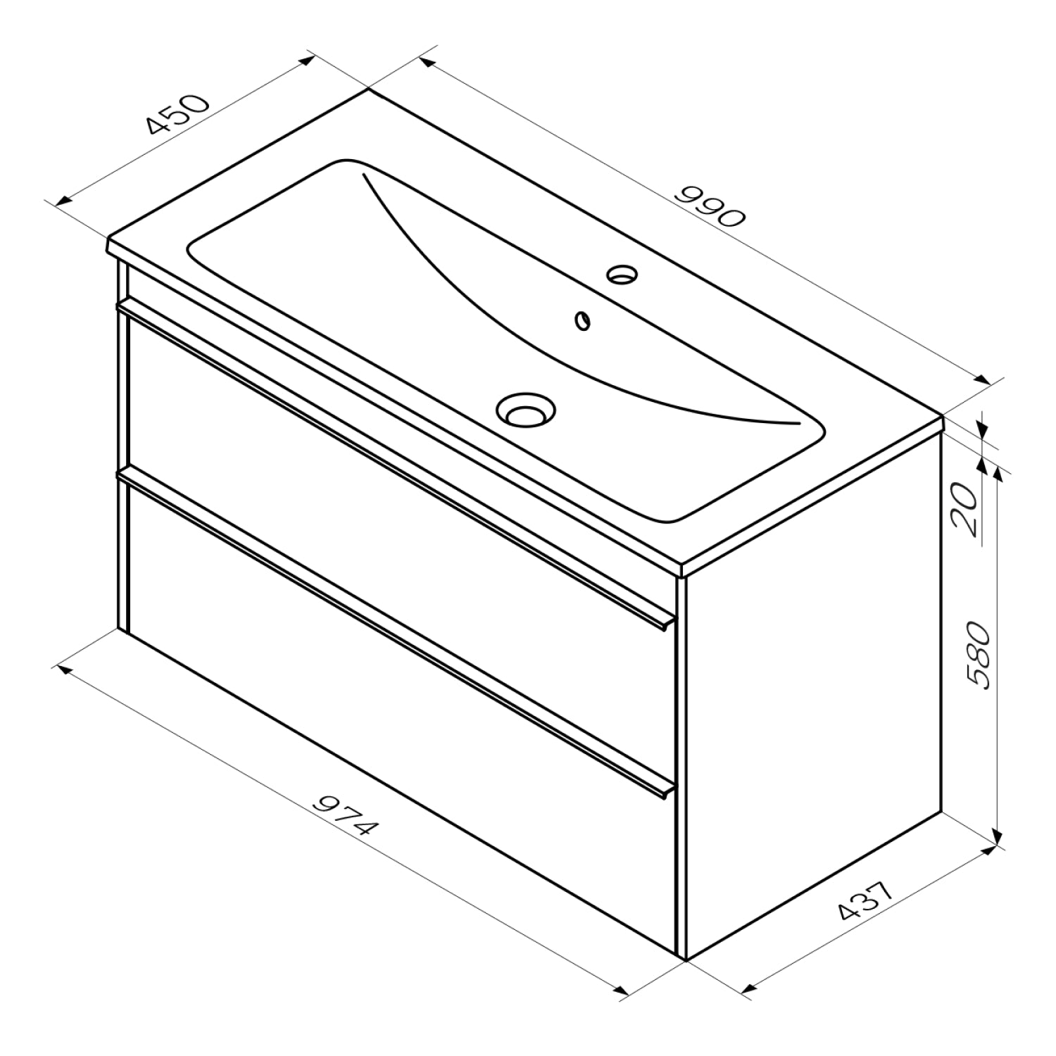 MTA-FHX1002WG-WCC1002 meuble sous-vasque avec vasque, 100 cm, 2 tiroirs Hit meuble de salle de bain vasque avec meuble bas