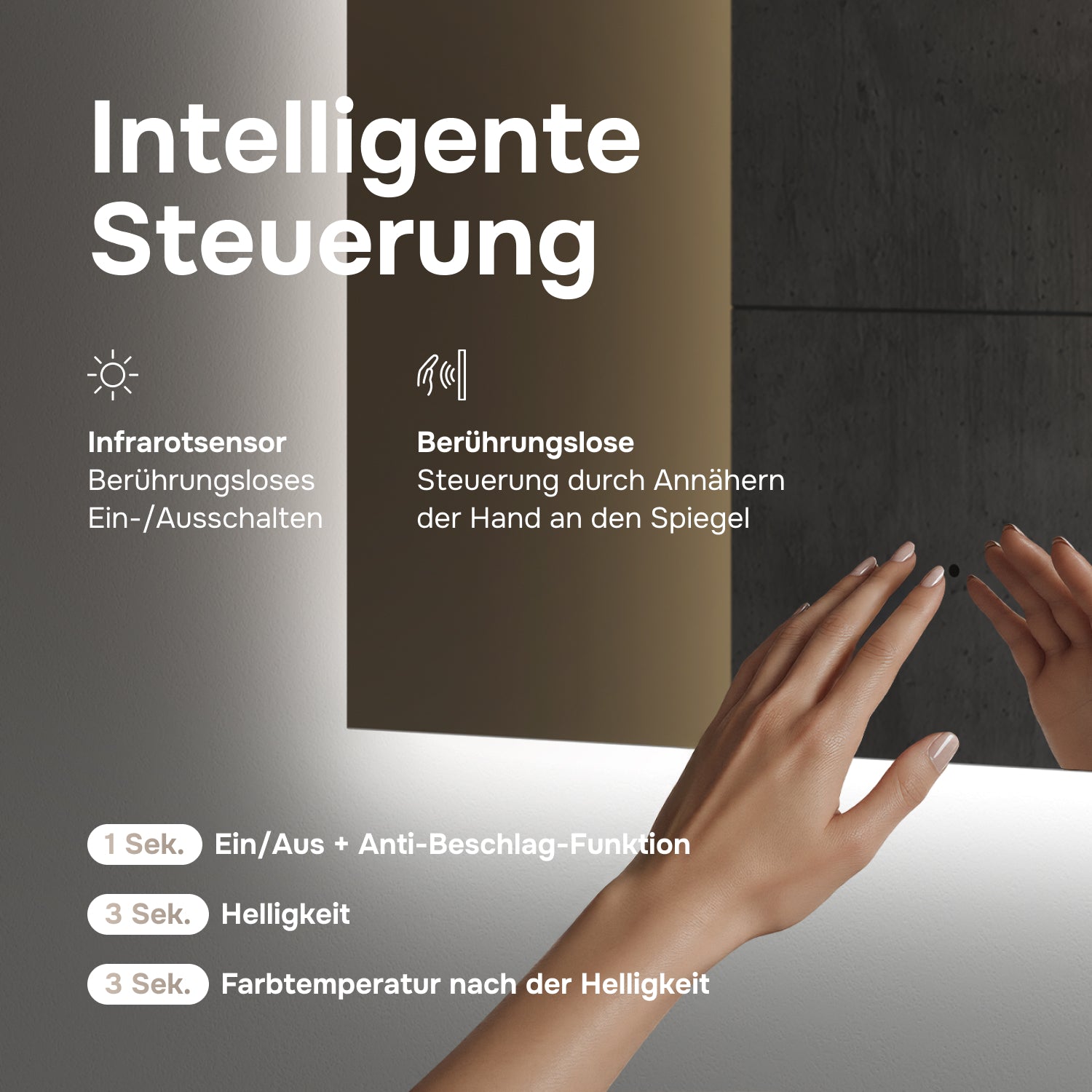 MTAMOX10601S Miroir LED 60 cm Hit-à intensité variable, sans contact, antibuée