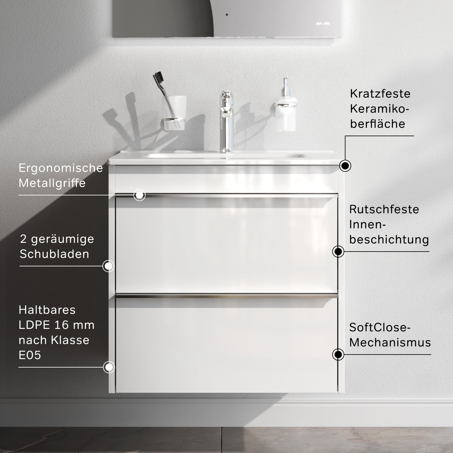 MTAX0602WG-C0602WG Waschtischunterschrank mit Waschbecken, als Flachpaket geliefert, 60 cm, 2 Schubladen