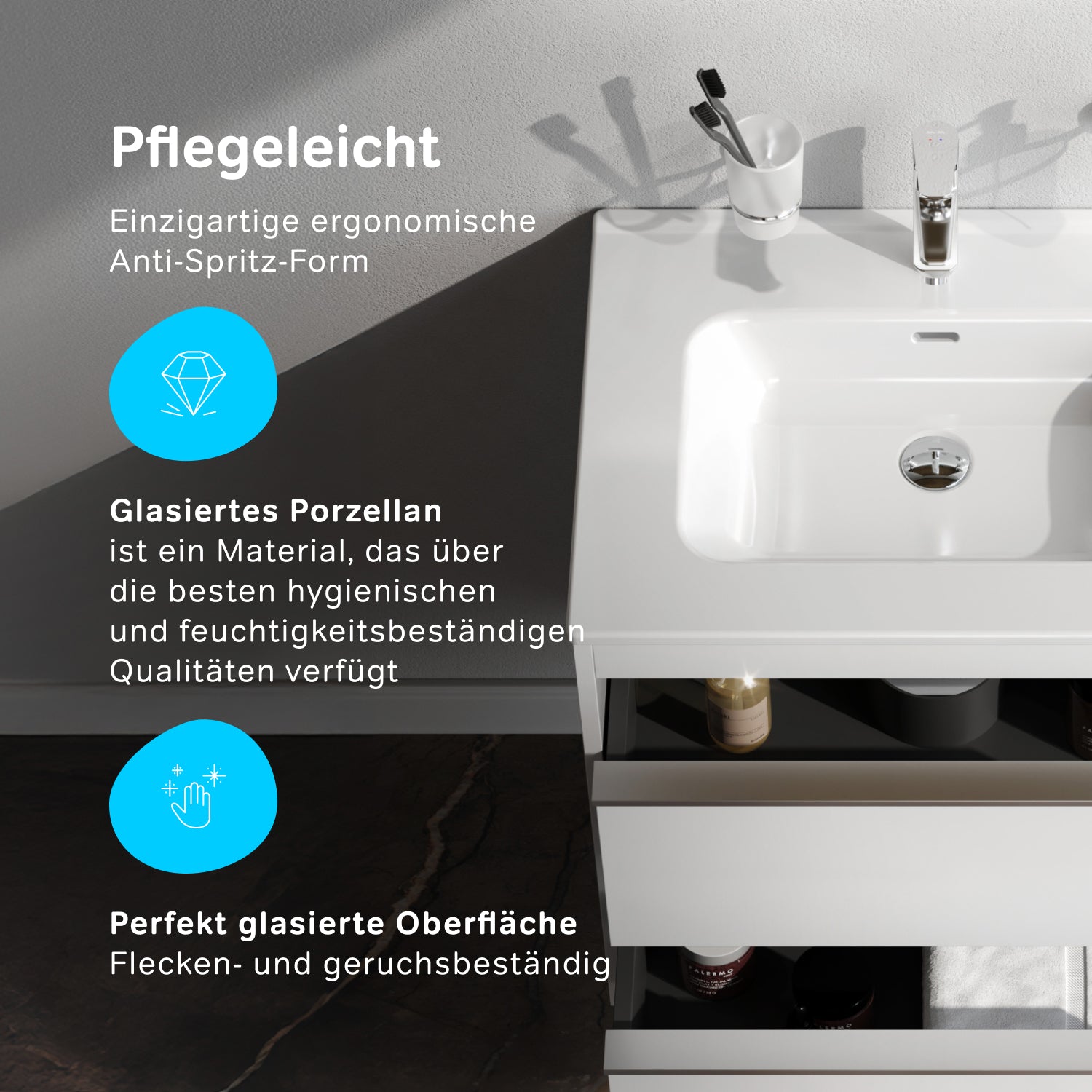 MTAX0602WG-C0602WG Waschtischunterschrank mit Waschbecken, als Flachpaket geliefert, 60 cm, 2 Schubladen