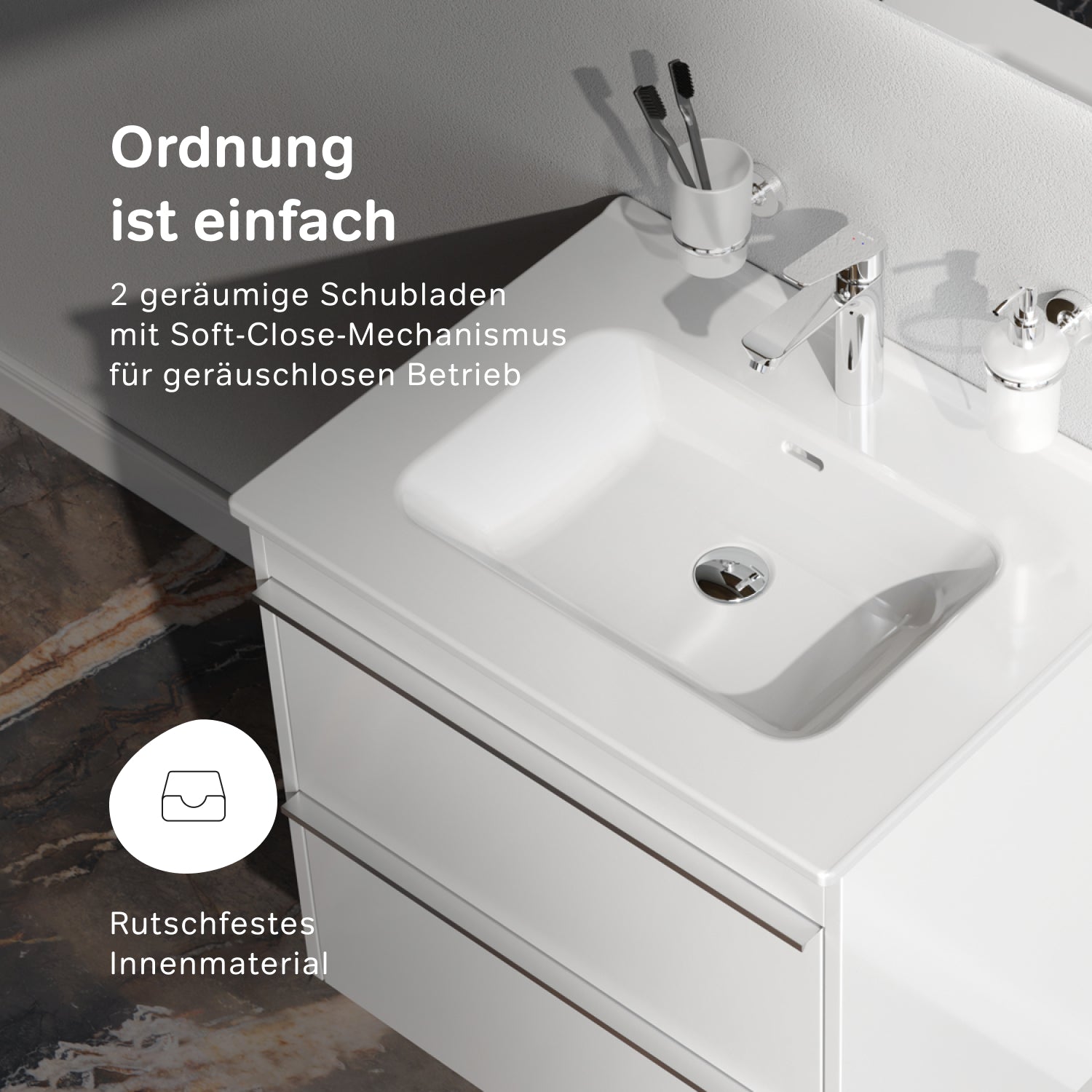 MTAX0602WG-C0602WG Waschtischunterschrank mit Waschbecken, als Flachpaket geliefert, 60 cm, 2 Schubladen