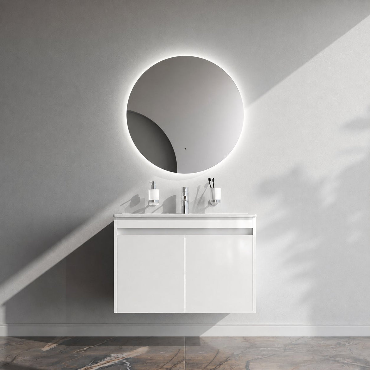 Badmöbel-Set mit Waschbecken und rundem LED-Badspiegel, 80 cm, 2 Türen, Weiß glänzend – MPA0801WGCMO4
