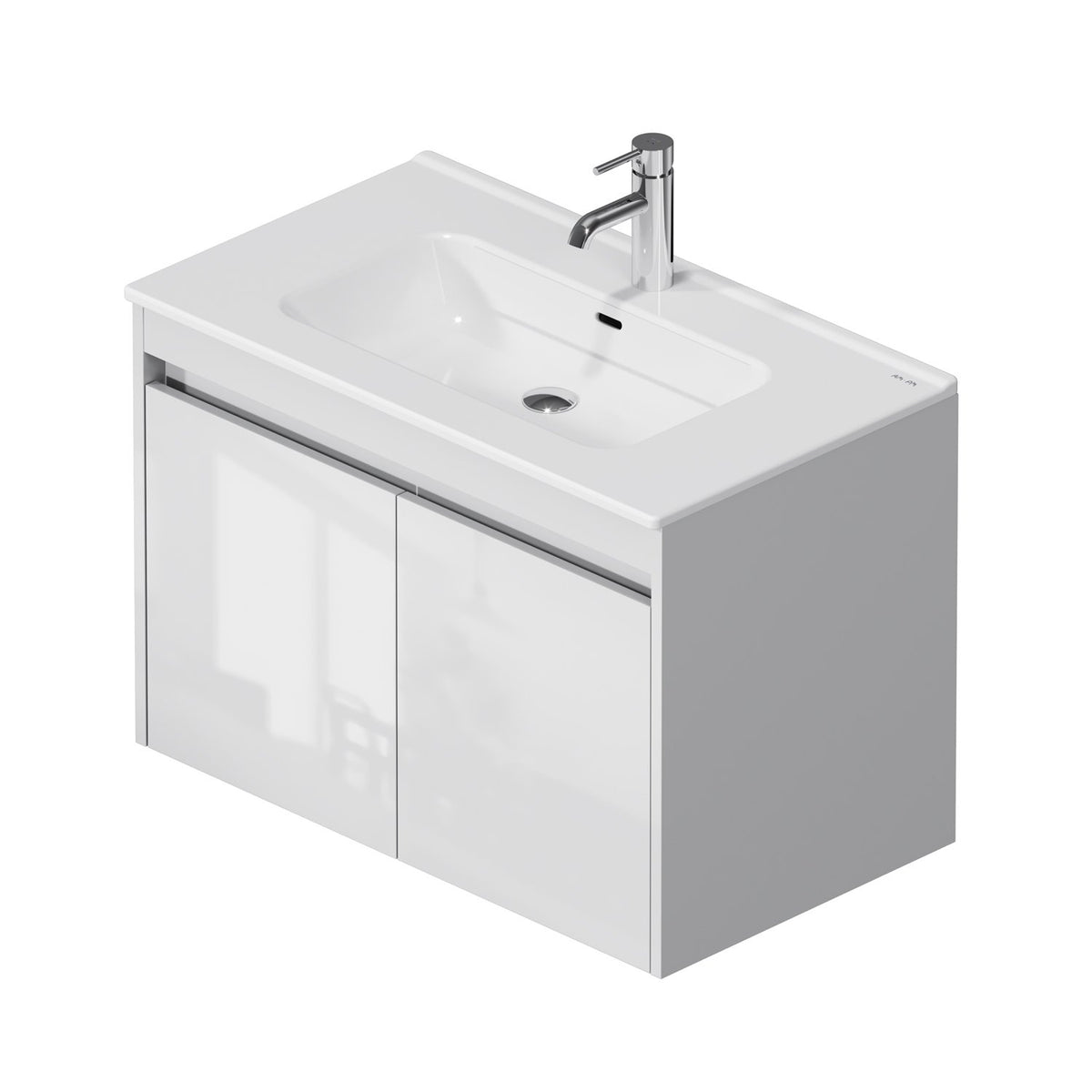 Badmöbel-Set mit Waschbecken und rundem LED-Badspiegel, 80 cm, 2 Türen, Weiß glänzend – MPA0801WGCMO4